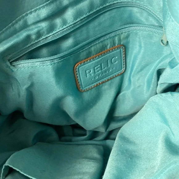 RELIC TURQUOISE SHOULDER STRAP PURSE TAN STITCHING LINED SNAP CLOSE POCKETS - Picture 13 of 13